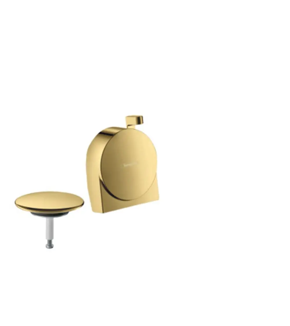 Hansgrohe-Produkt bestehend aus einem goldfarbenen Wanneneinlauf mit integriertem Ablauf- und Überlaufmechanismus. Glatte Oberflächen und funktionales Design.